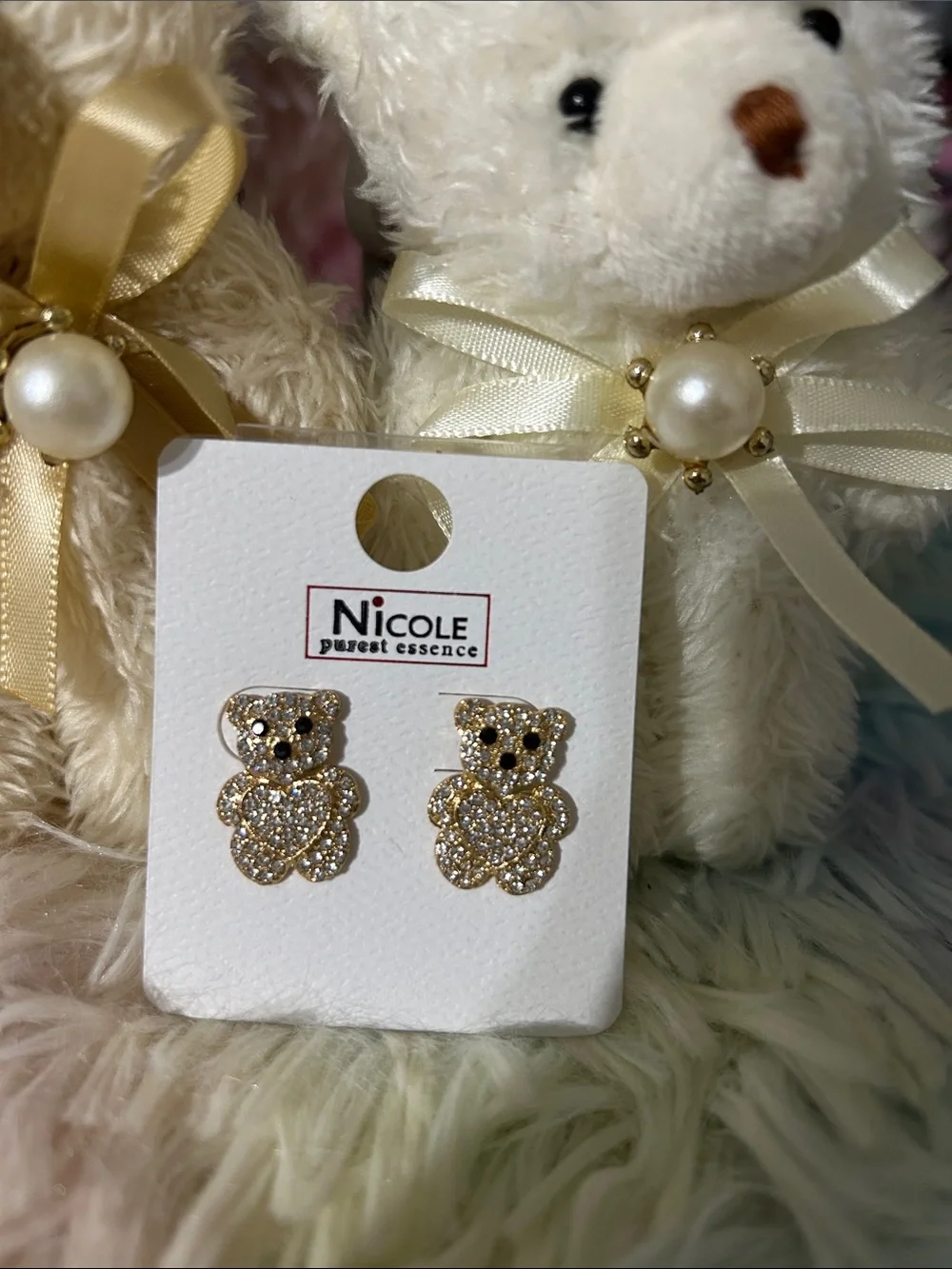 Nicole Cream and Gold Teddy Bear Crystal Stud Earrings